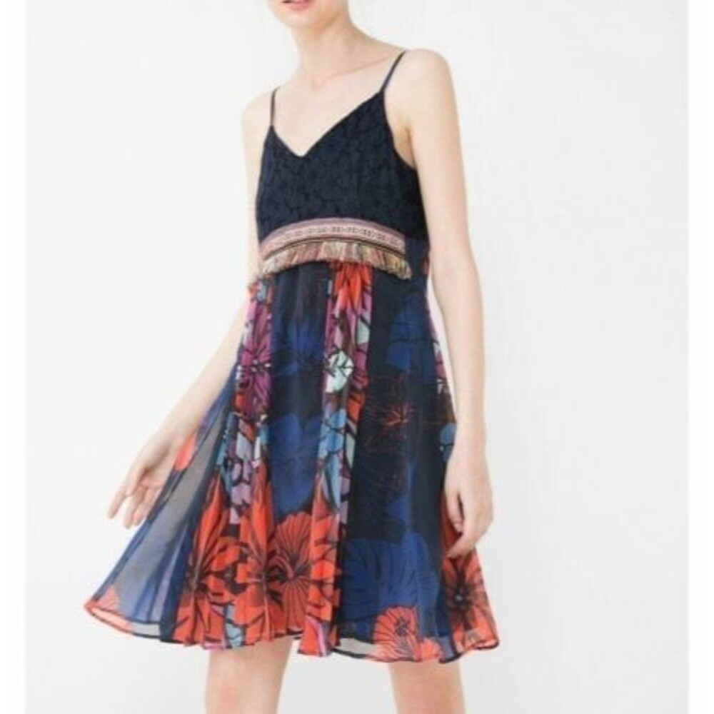 Desigual Spaghetti Straps Hawaiian Inspired Art To Wear Floral Summer Dress S